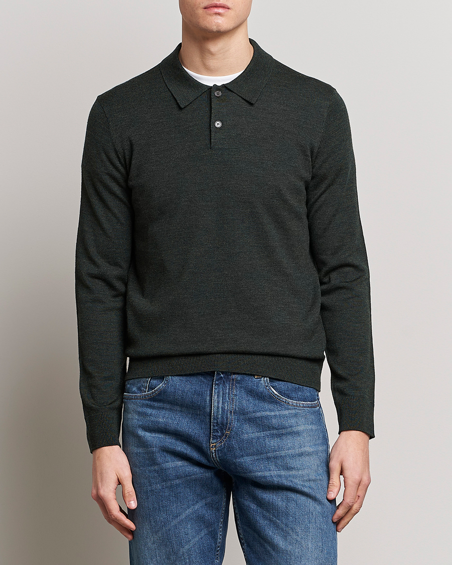 Herre | Strikkede pikéer | Morris | Merino Polo Knit Dark Green