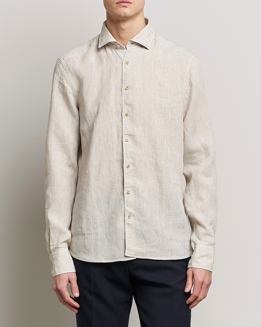 Herre | Dress | Stenströms | Slimline Cut Away Linen Shirt Beige