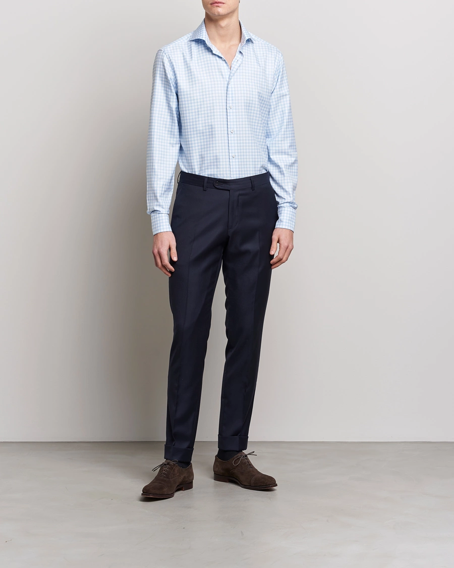 Herre | Klær | Stenströms | Fitted Body Checked Cut Away Shirt Light Blue