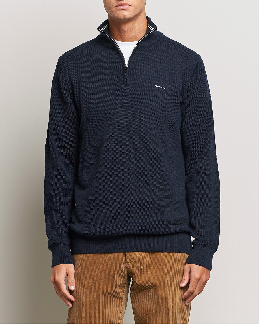 Herre | GANT | GANT | Cotton Pique Half-Zip Sweater Evening Blue