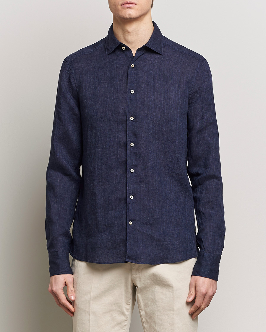 Herre | Linskjorter | Stenströms | Slimline Cut Away Linen Shirt Navy