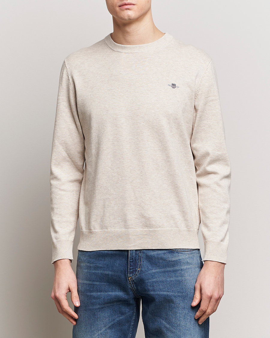 Herre | GANT | GANT | Classic Cotton Crew Neck Light Beige Melange