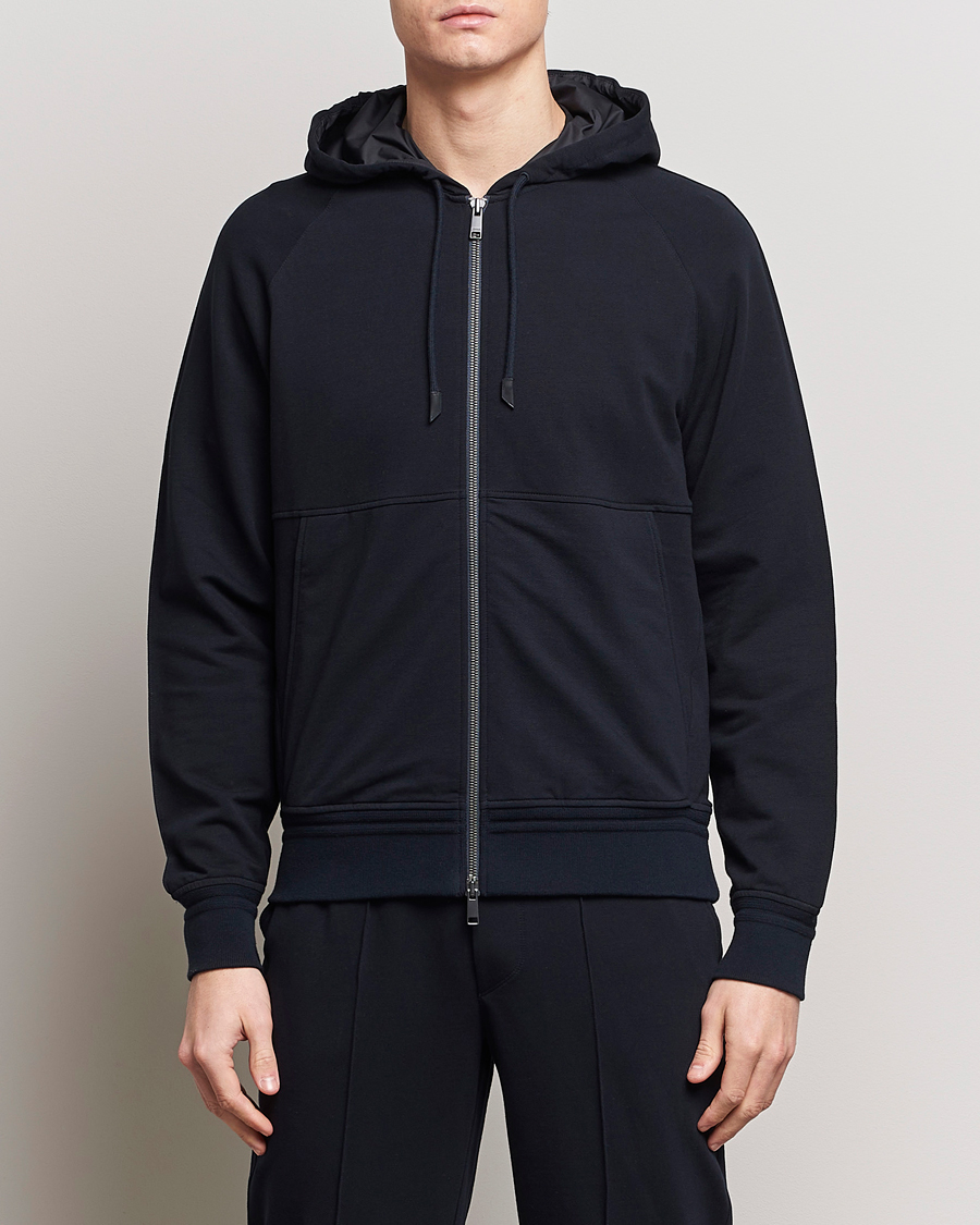 Herre | Full-zip | Zegna | Cotton Stretch Zip Hoodie Navy