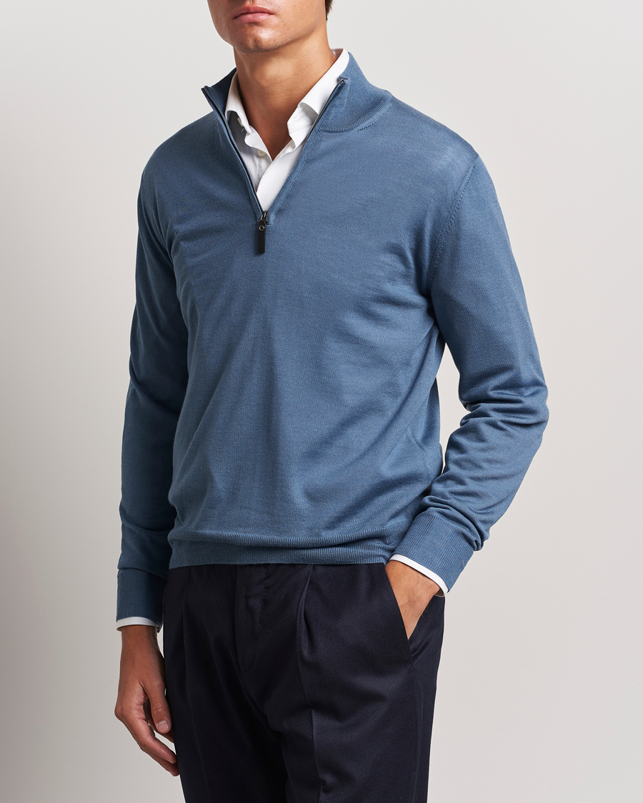 Herre |  | Canali | Merino Wool Half Zip Light Blue