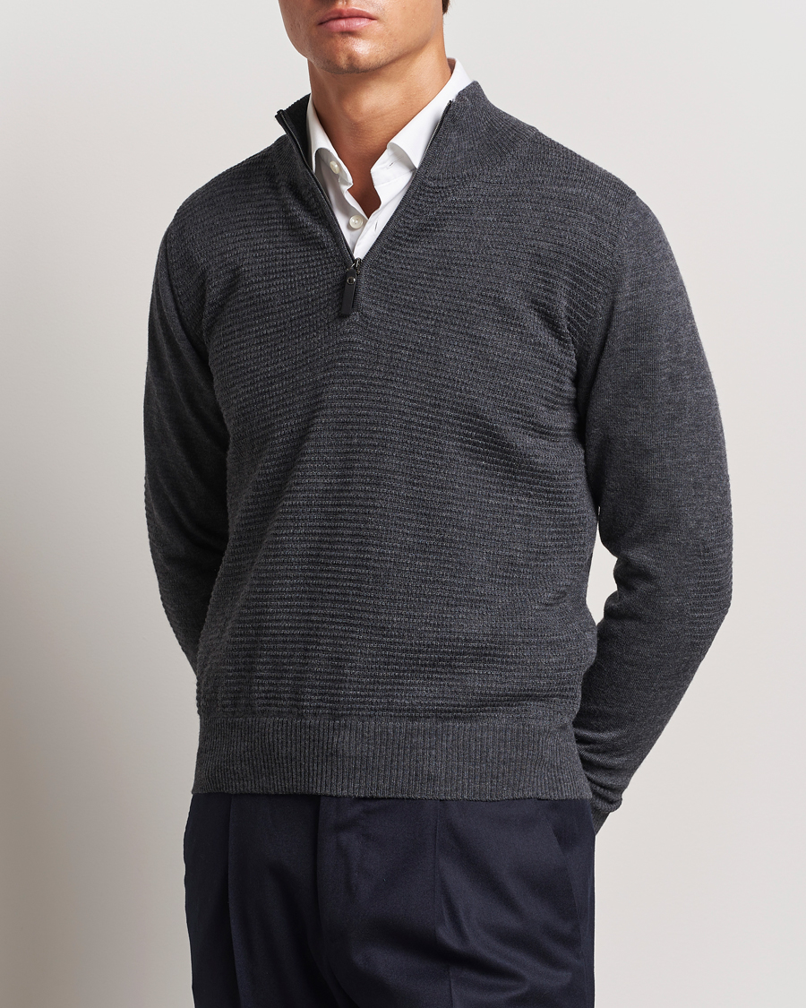 Herre |  | Canali | Textured Knit Half Zip Charcoal