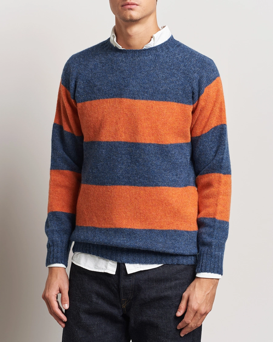 Herre |  | Harley Of Scotland | Block Stripe Lambswool Crewneck Blue/Orange