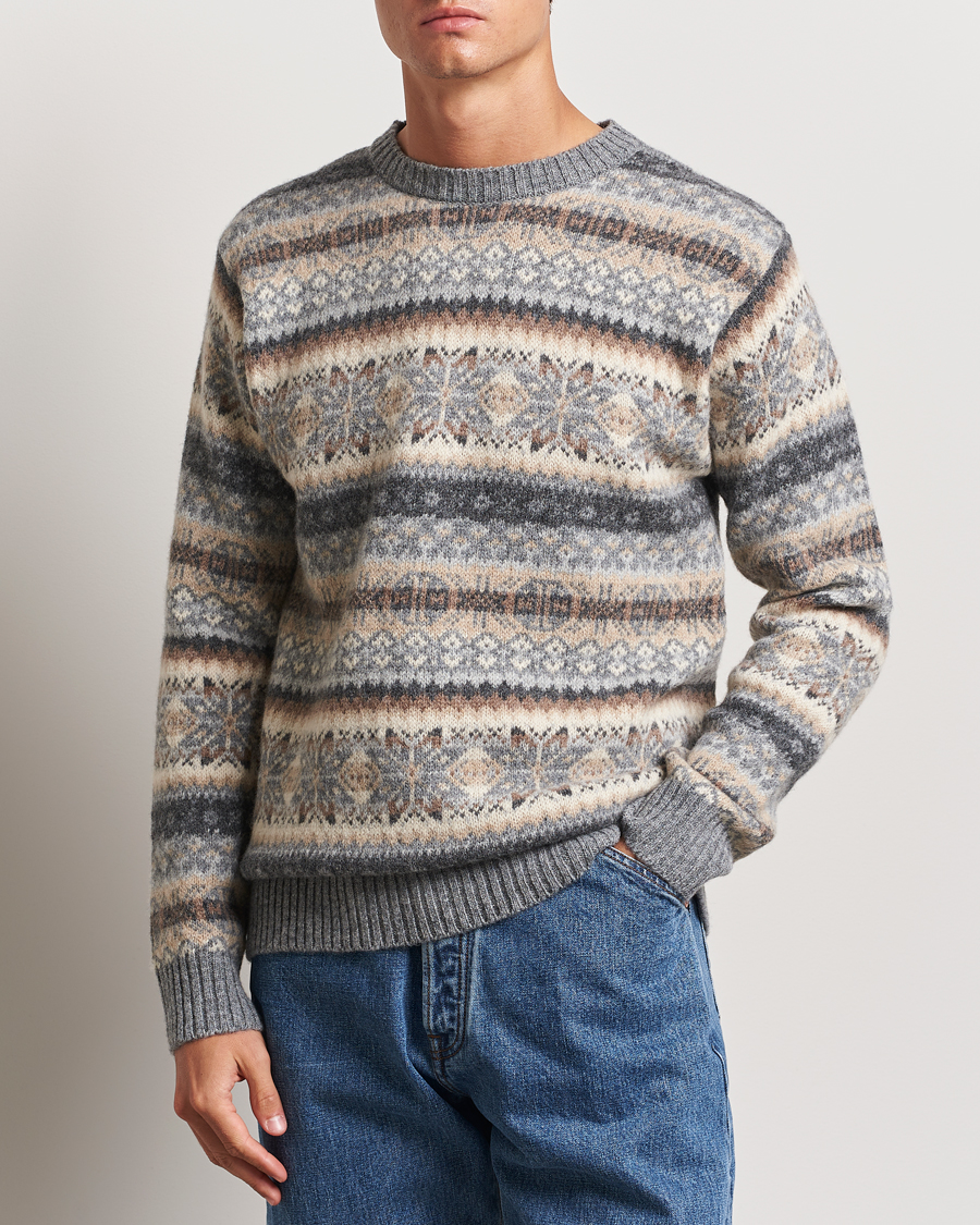 Herre | Harley Of Scotland | Harley Of Scotland | Supersoft Lambswool Fairisle Crewneck Grey