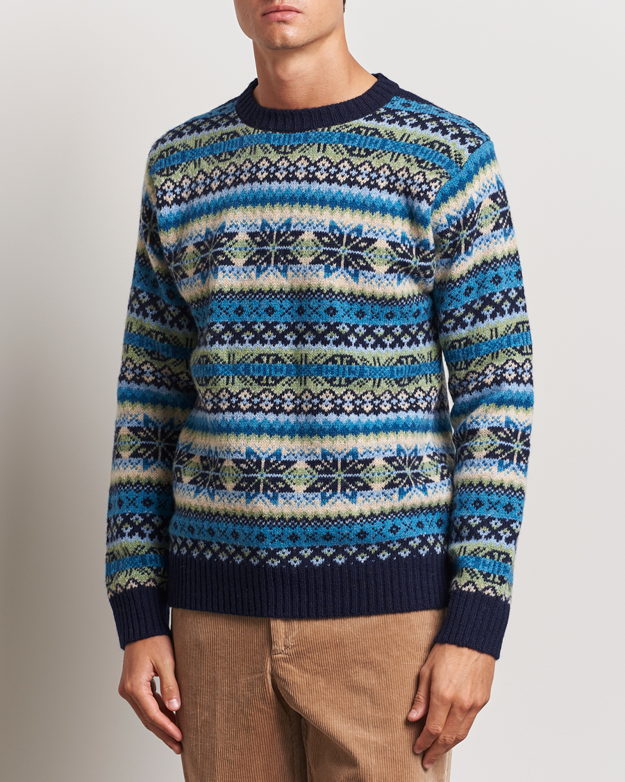 Herre | Harley Of Scotland | Harley Of Scotland | Supersoft Lambswool Fairisle Crewneck Navy