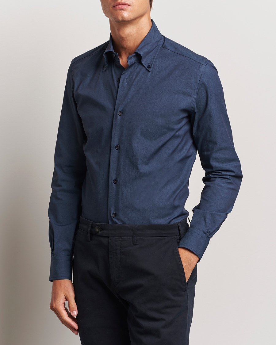 Herre |  | Mazzarelli | Soft Garment Dyed Button Down Shirt Navy