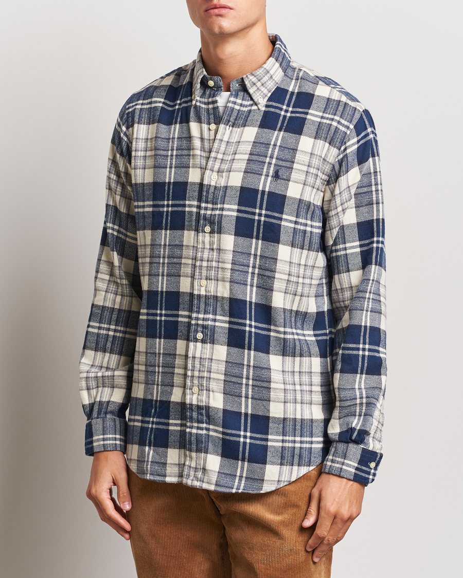 Herre |  | Polo Ralph Lauren | Custom Fit Brushed Flannel Checked Shirt Off White/Navy