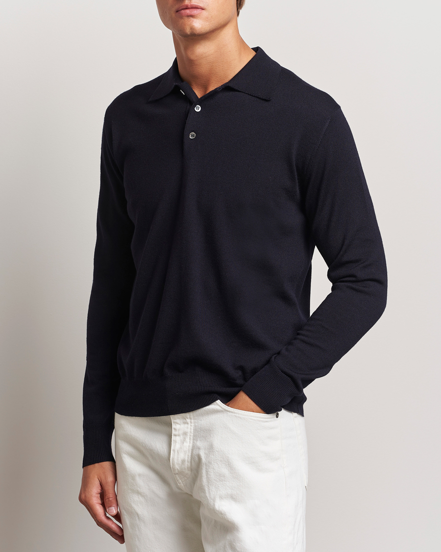 Herre | Altea | Altea | Merino Long Sleeve Polo Navy