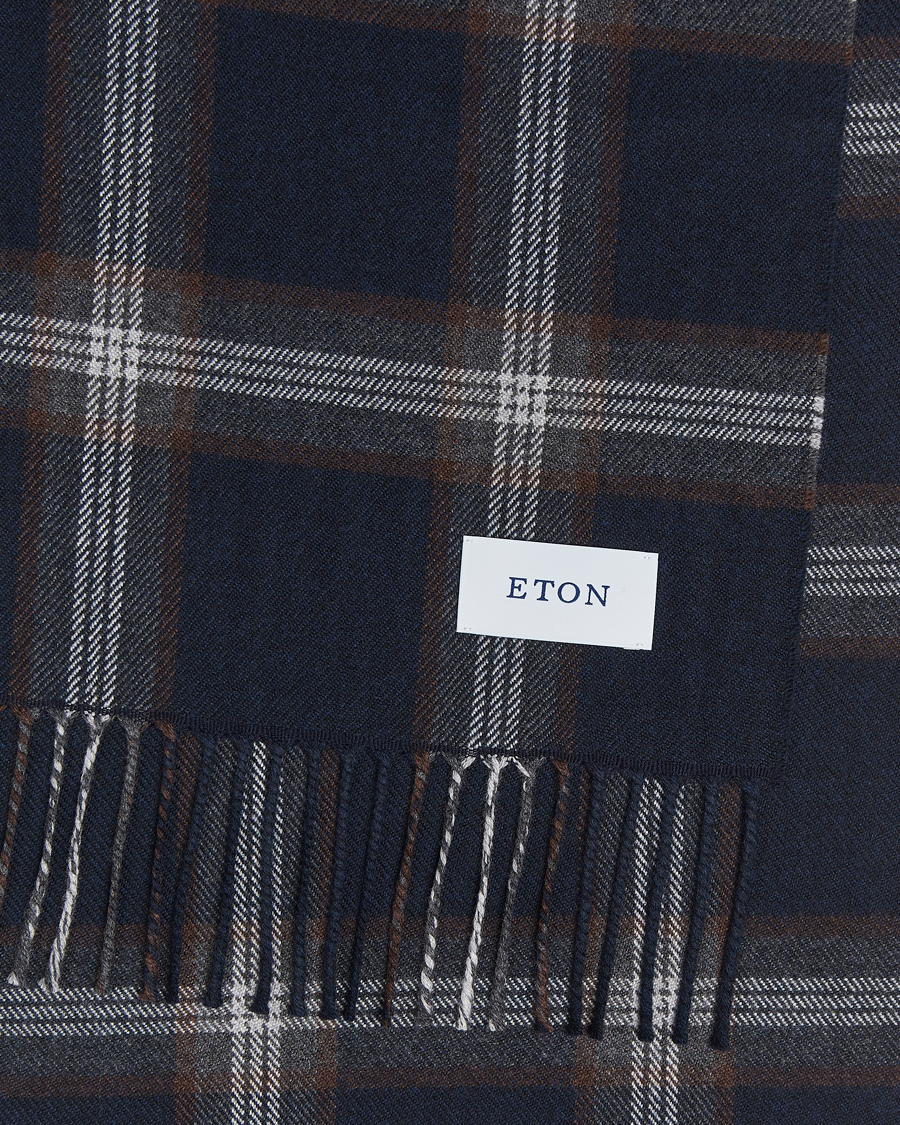 Herre |  | Eton | Merino Wool Checked Scarf Navy Blue