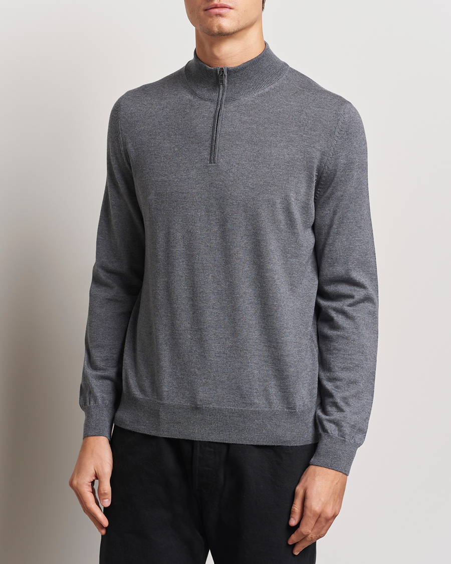 Herre |  | BOSS BLACK | Ebenji Merino Knitted Half Zip Medium Grey