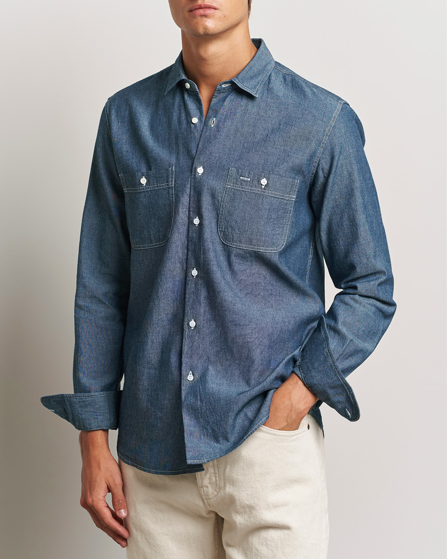 Herre |  | Aspesi | Double Pocket Chambray Shirt Dark Wash