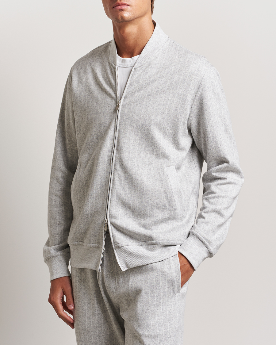 Herre |  | Brunello Cucinelli | Soft Pinstripe Full Zip Sweater Pearl Grey