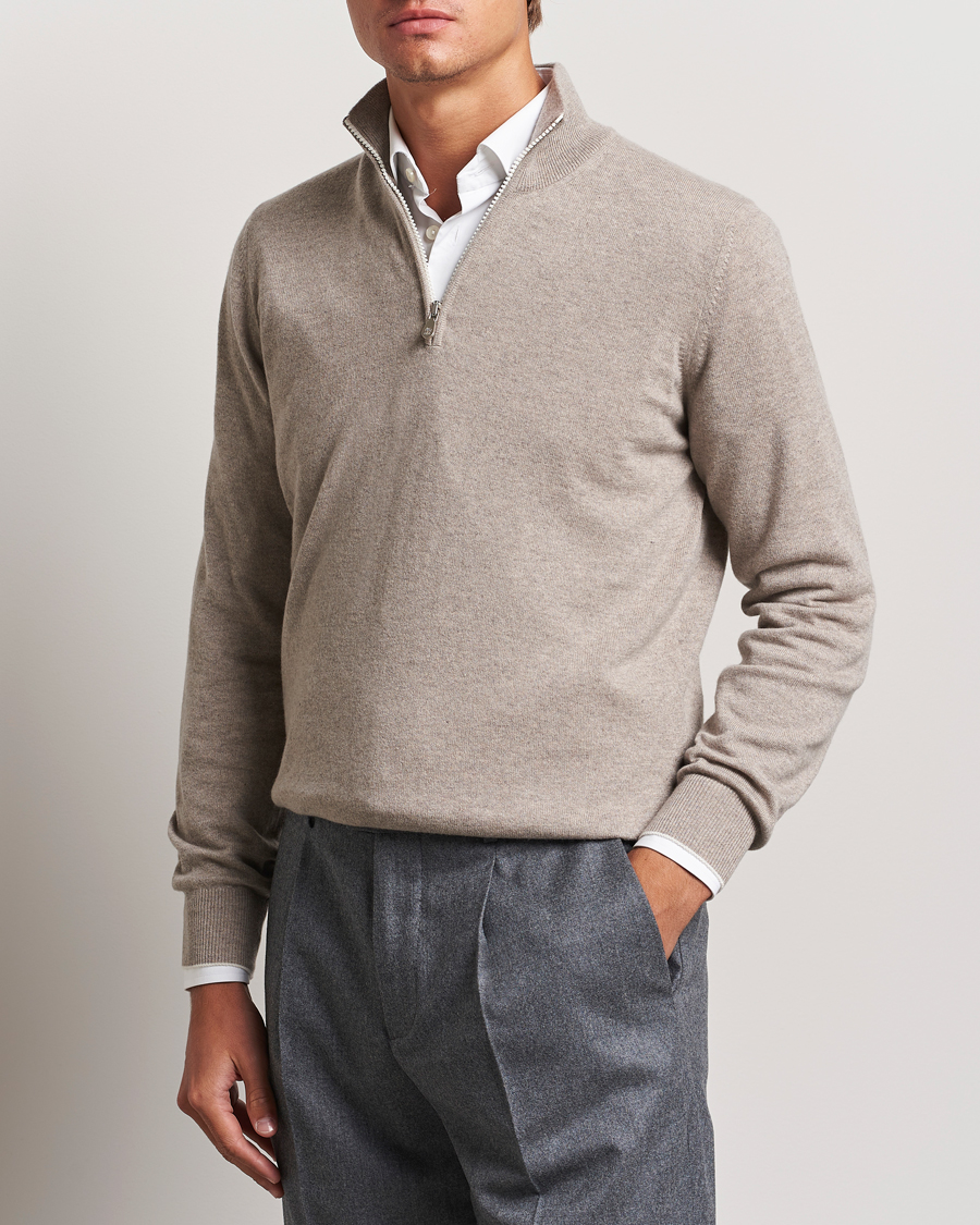 Herre | Kashmirgensere | Brunello Cucinelli | 2 Ply Cashmere Half Zip Beige