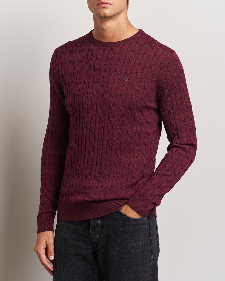 Herre | Business & Beyond - Casual | Morris | Merino Cable O-Neck Wine Red