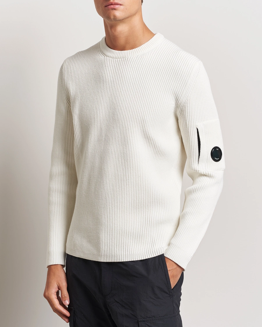 Herre | C.P. Company | C.P. Company | Full Rib Knitted Cotton Crew Neck Off White