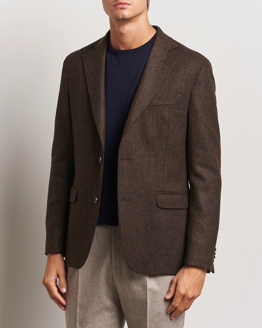 Herre | Tweedblazer | Oscar Jacobson | Fogerty Moon Herringbone Tweed Blazer Brown