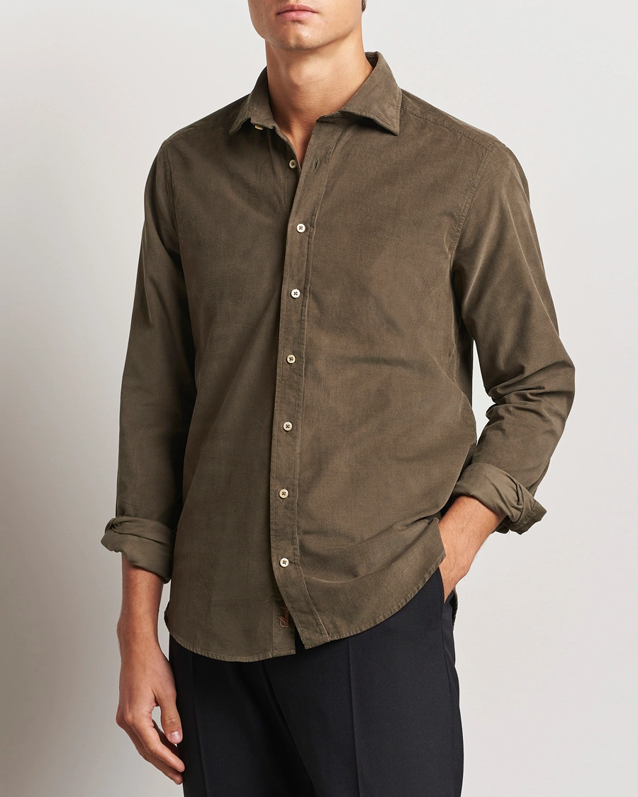 Herre |  | Stenströms | Slimline Cut Away Cord Shirt Dark Green