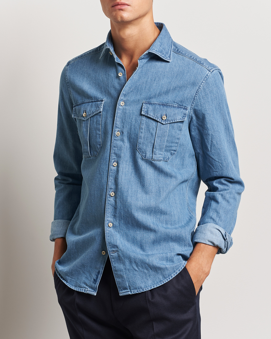 Herre |  | Stenströms | Slimline Double Pocket Denim Shirt Blue