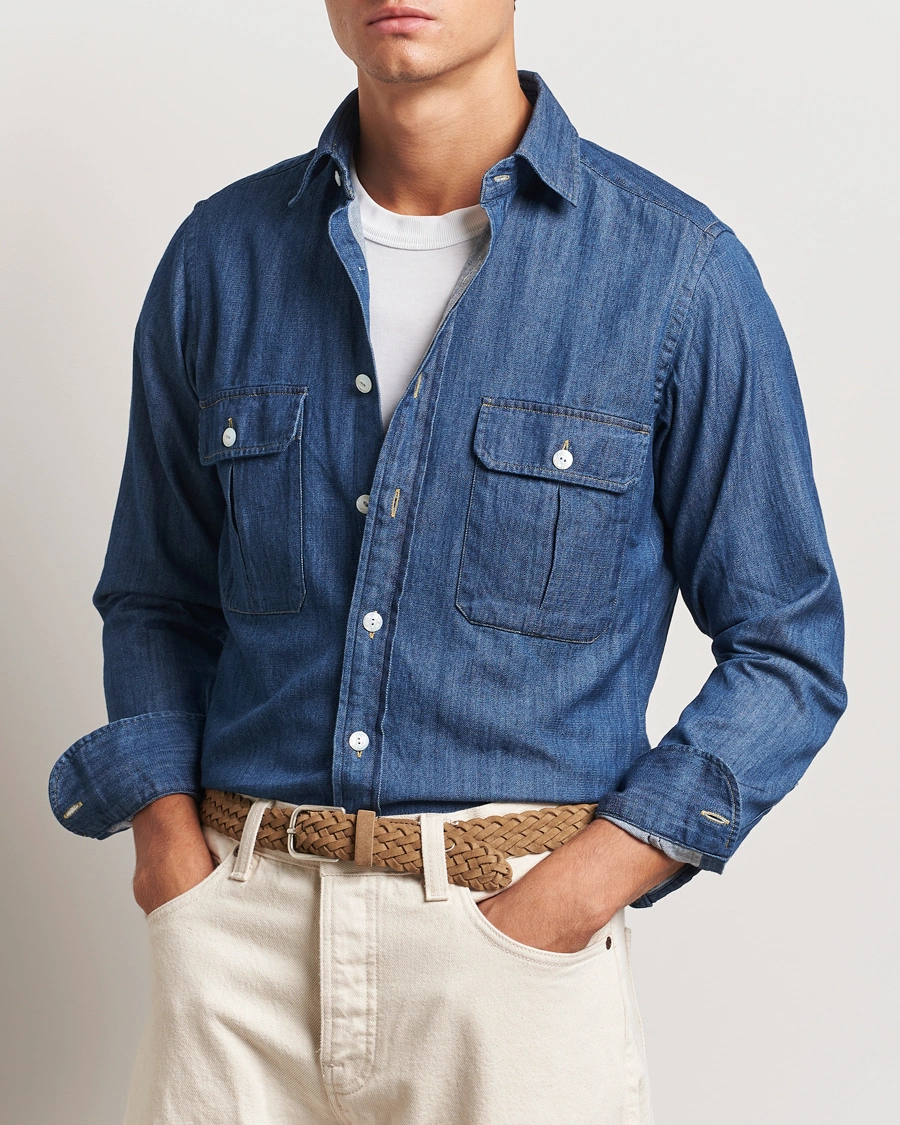 Herre |  | Drake\'s | Denim Cotton Two Pocket Work Shirt Mid Blue