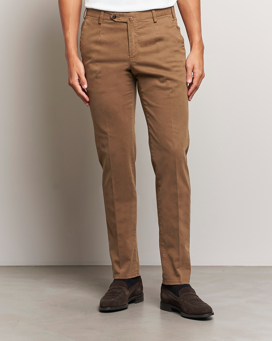 Herre |  | PT01 | Slim Fit Pleated Cotton Trousers Brown