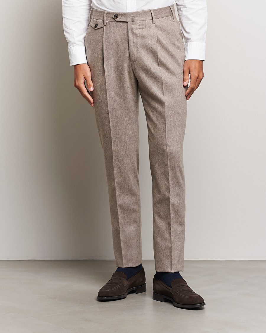Herre | Flanellbukser | PT01 | Slim Fit Pleated Wool/Cashmere Trousers Beige