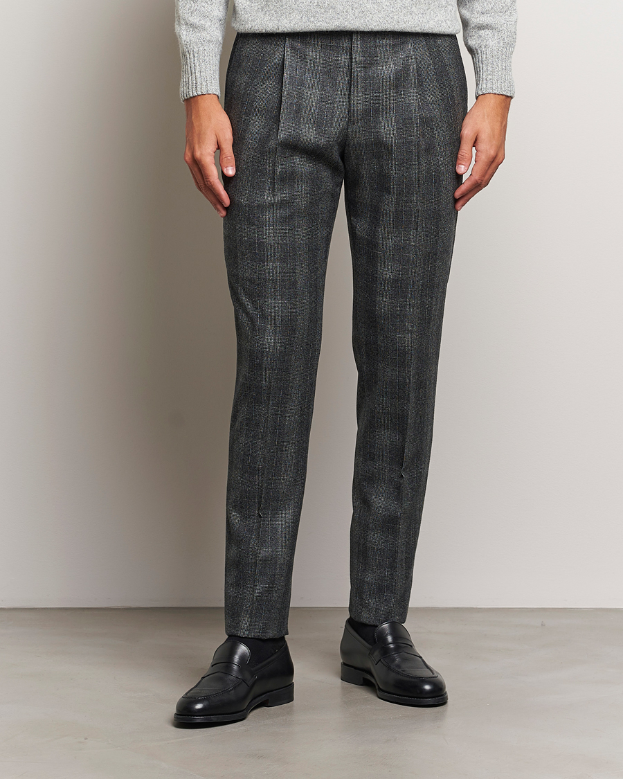 Herre |  | PT01 | Slim Fit Pleated Checked Flannel Trousers Grey