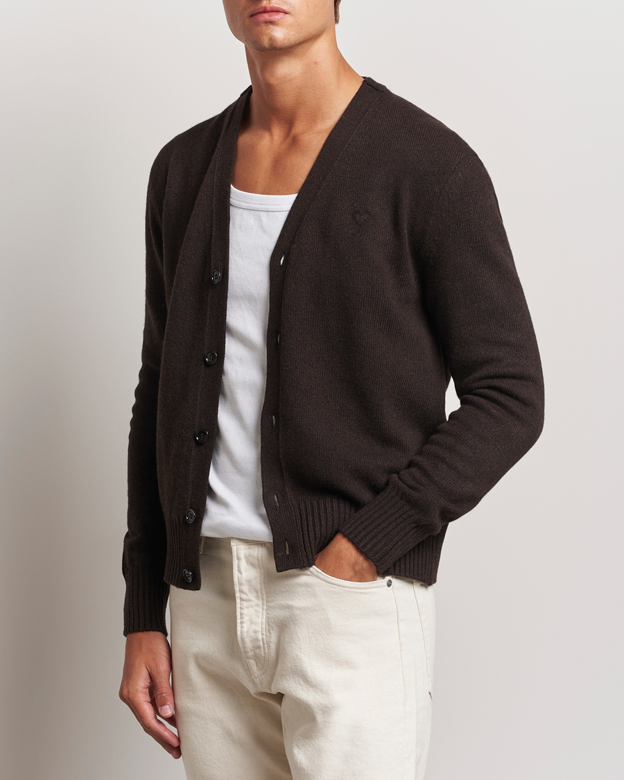 Herre |  | AMI | Tonal Heart Logo Wool Cardigan Dark Coffee