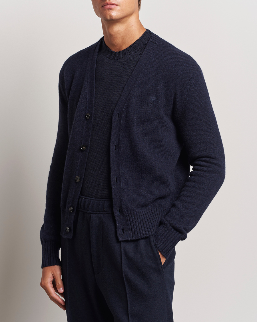 Herre |  | AMI | Tonal Heart Logo Wool Cardigan Navy