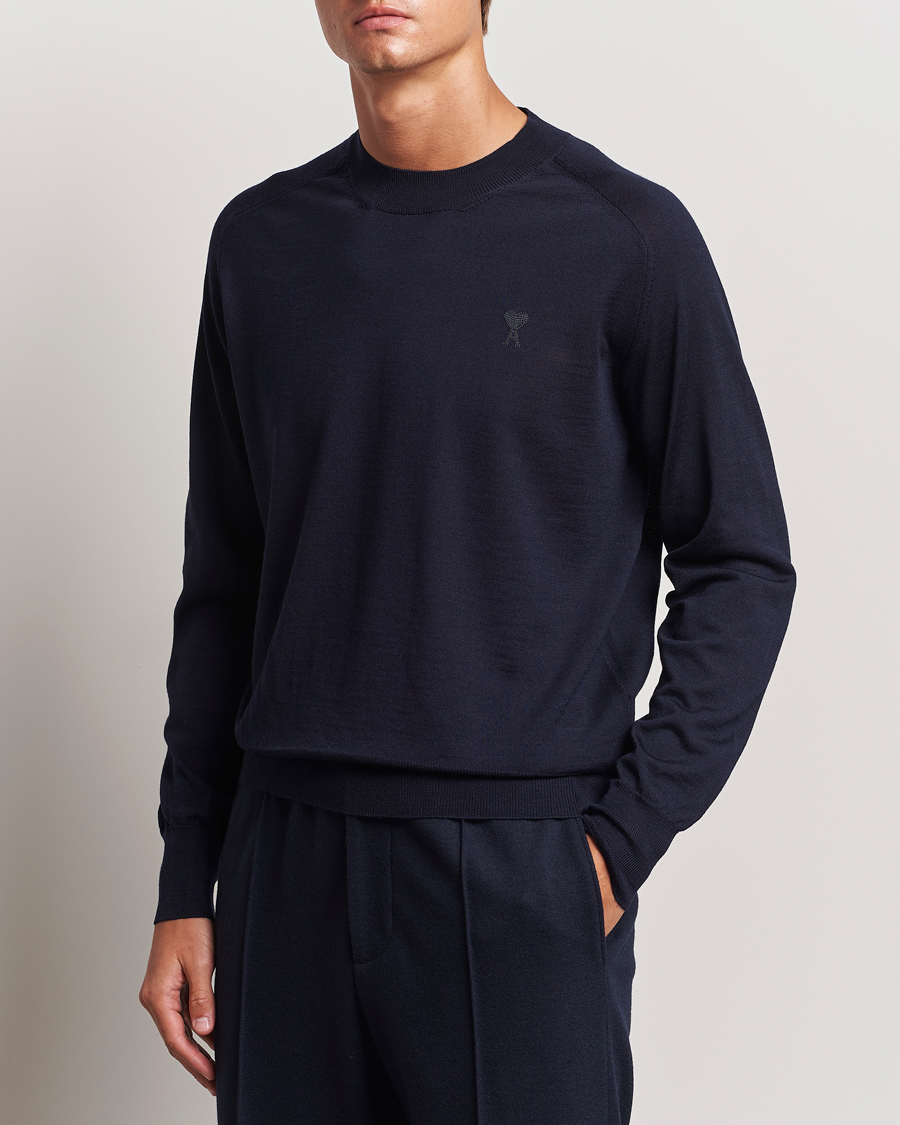 Herre |  | AMI | Tonal Heart Logo Wool Crew Neck Navy