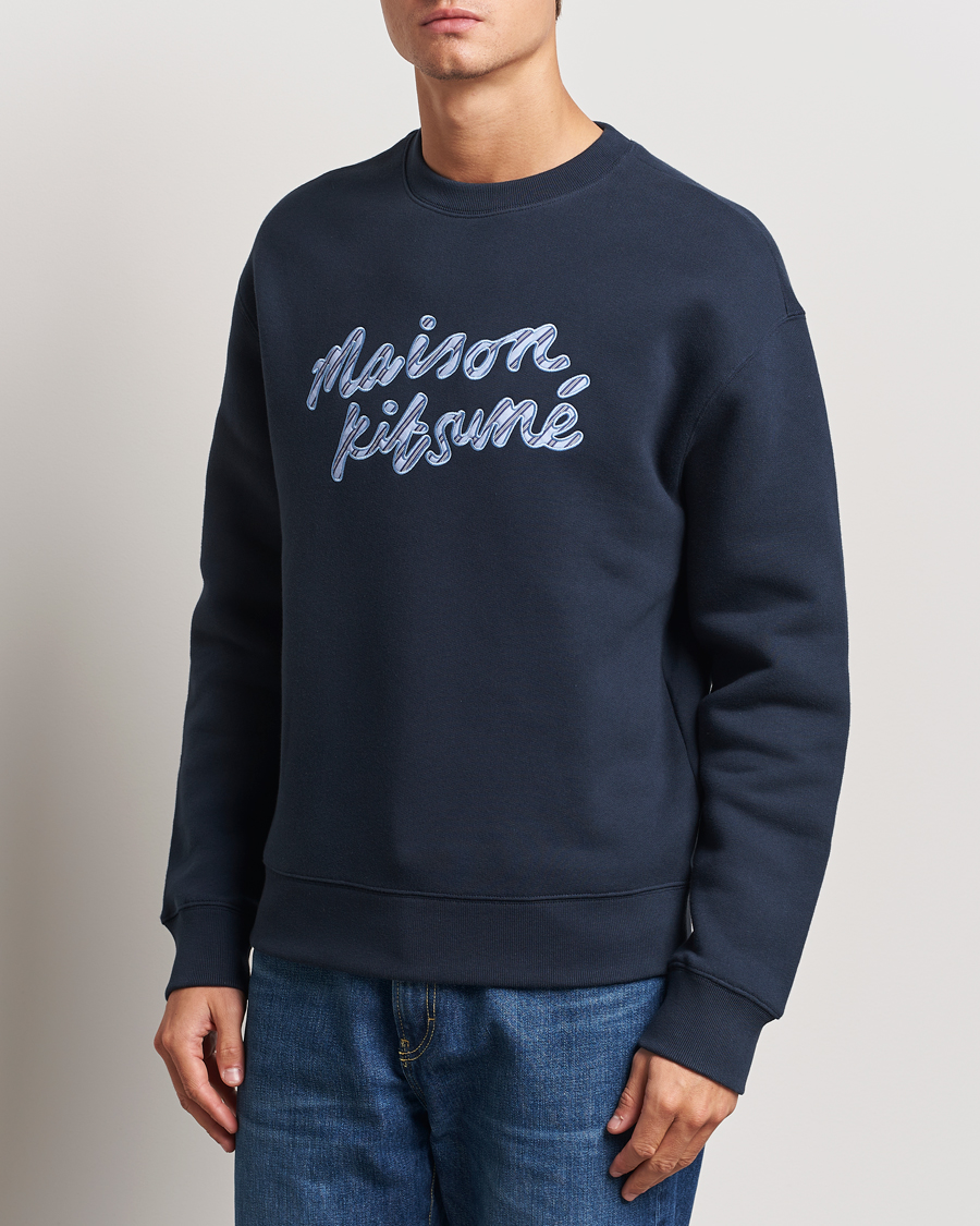 Herre |  | Maison Kitsuné | Striped Handwriting Sweatshirt Navy