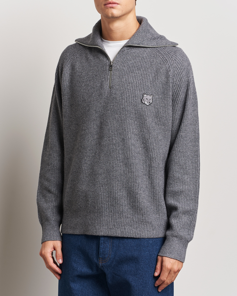 Herre |  | Maison Kitsuné | Bold Fox Rib Knitted Half Zip Medium Grey Melange