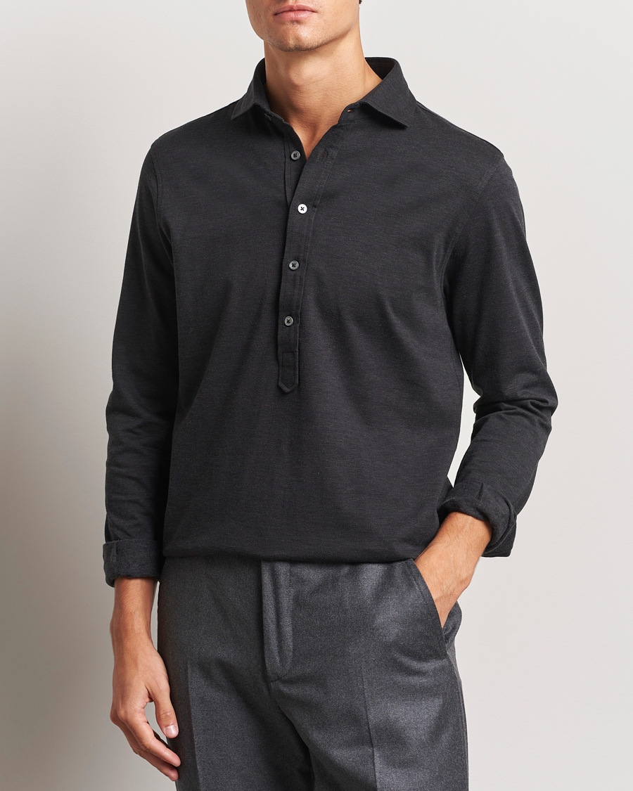 Herre |  | Gran Sasso | Brushed Cotton Popover Shirt Black