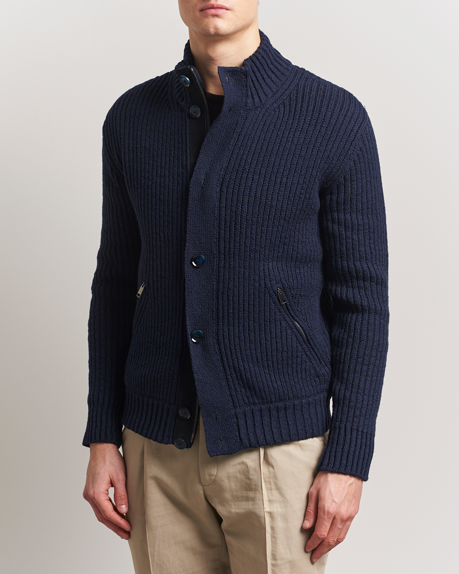 Herre | Gensere | Brioni | Heavy Rib Cotton Cardigan Jacket Navy