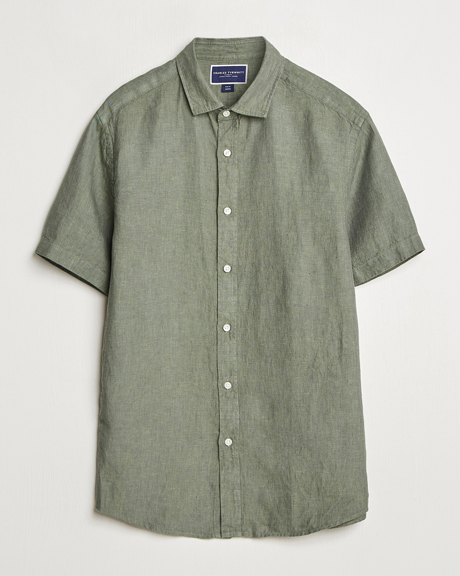 Herre | Skjorter | Charles Tyrwhitt | Pure Linen Short Sleeve Slim Fit Shirt Olive