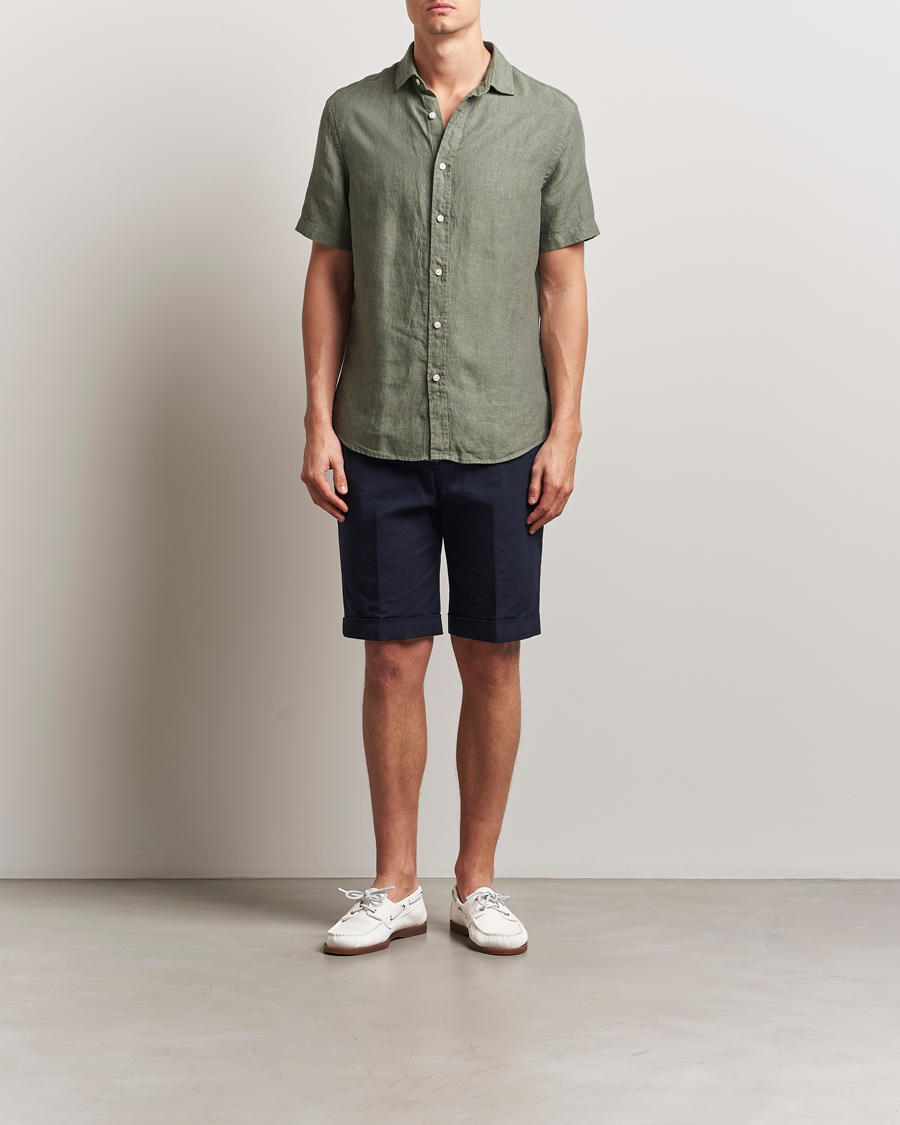 Herre | Skjorter | Charles Tyrwhitt | Pure Linen Short Sleeve Slim Fit Shirt Olive