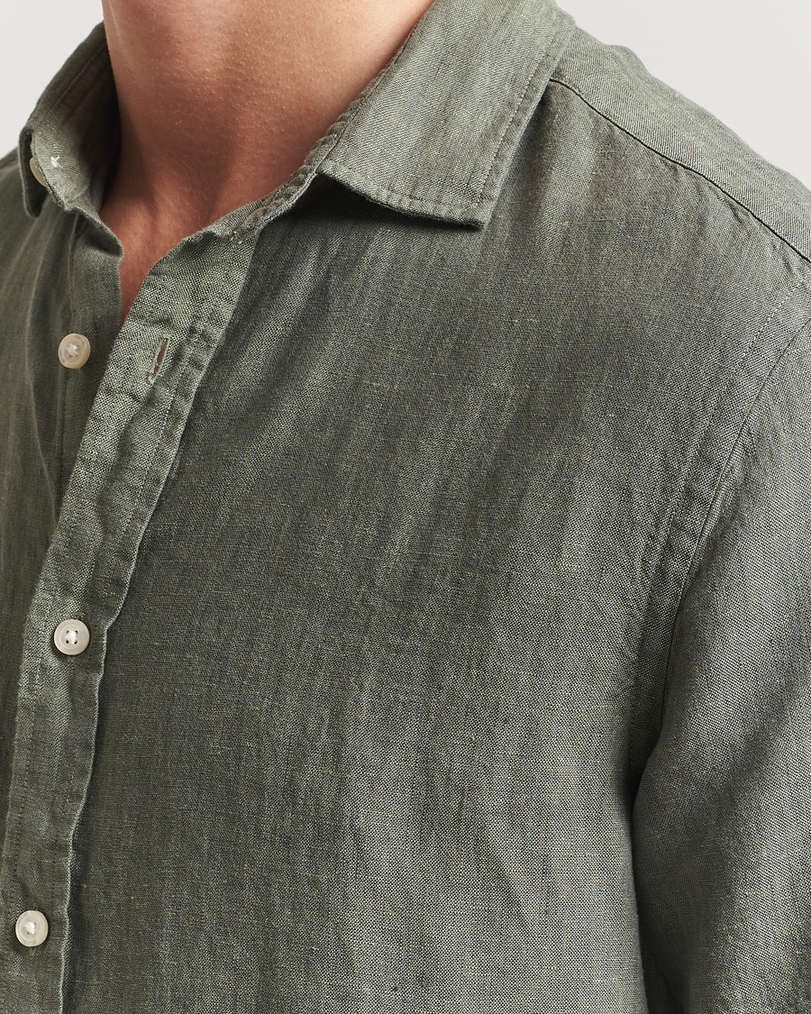 Herre | Skjorter | Charles Tyrwhitt | Pure Linen Short Sleeve Slim Fit Shirt Olive